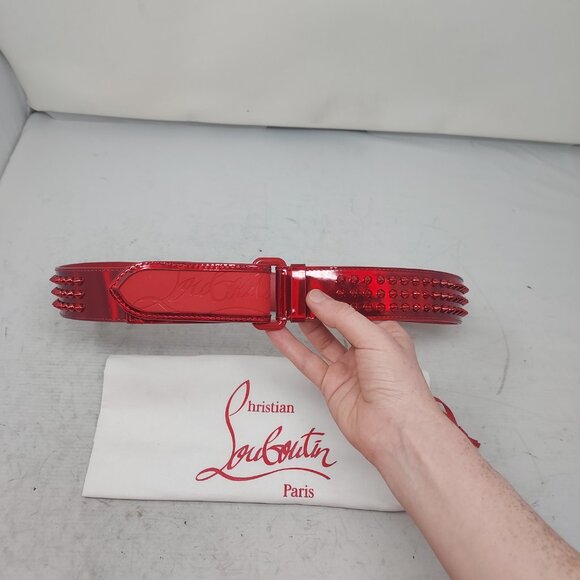 Christian Louboutin MENS LOUBI Red Logo Spike Studded Leather Belt - Picture 1 of 10